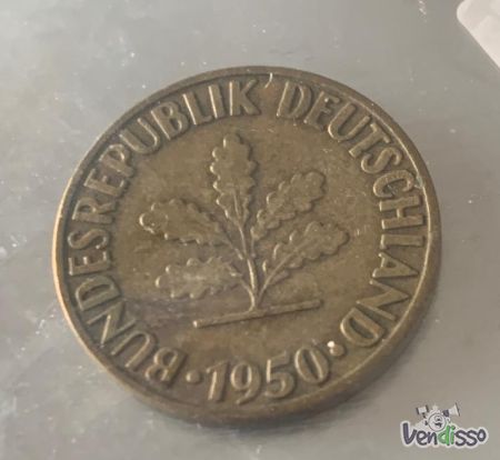 Vendo moeda de 10 pfennig, rara, de 1950 em MBC. 